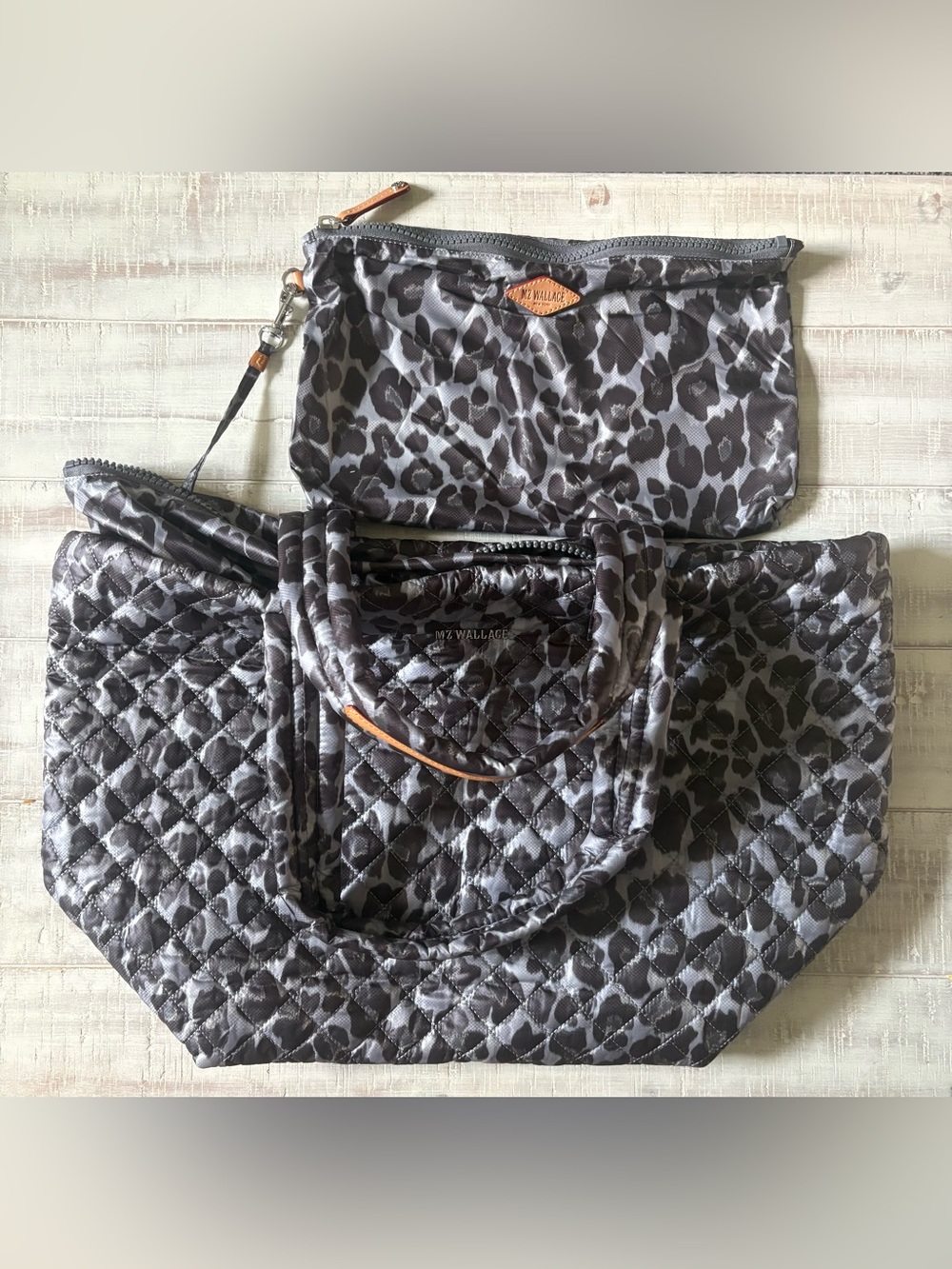 MZ Wallace Gray Quilted Tote with Leopard Print Pouch